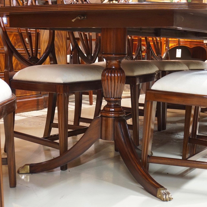 10' Duncan Phyfe traditional mahogany 2 pedestal formal dining table gallery