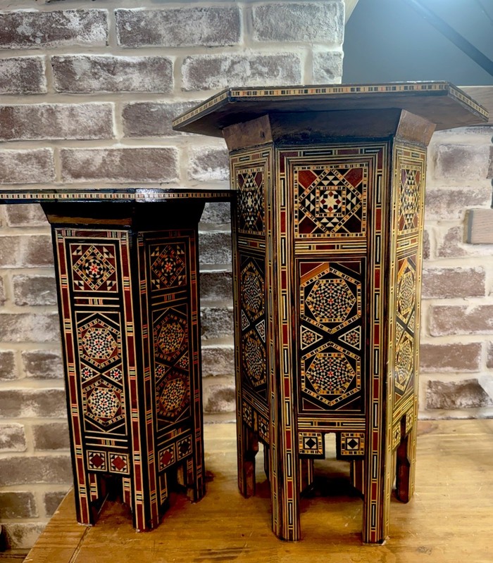 Antique Set 2 WUNDERLY VINTAGE SYRIAN INLAID MOROCCAN Wood Side TABLES Or Stands
