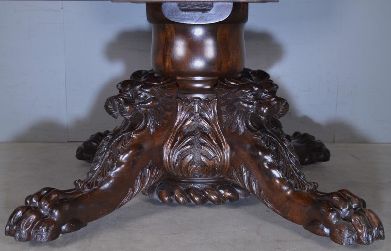 60” Round Mahogany Banquet Table w Heavily Carved Base - Monumental 1890s #22017 gallery