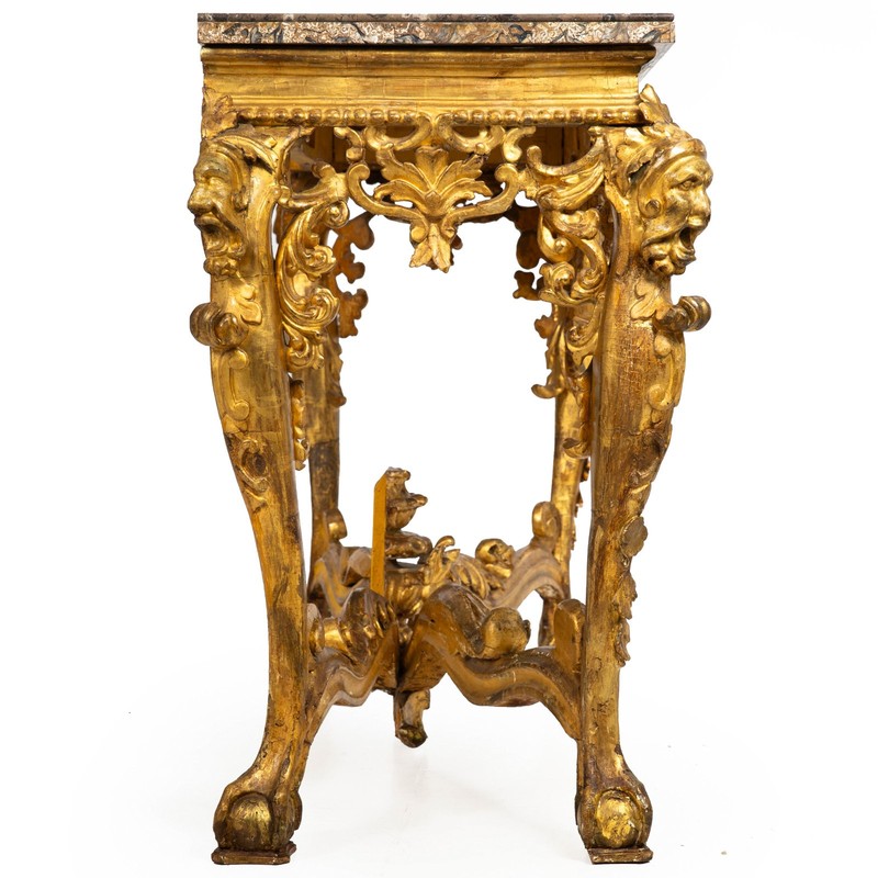 Rare Italian Rococo Giltwood Fossilized Marble Console Table ca. 1750 gallery