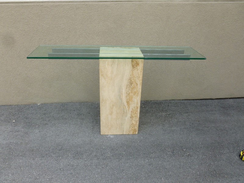 IMPOSING 1970’S ARCHITECTURAL TRAVERTINE MARBLE CONSOLE WITH GLASS TOP