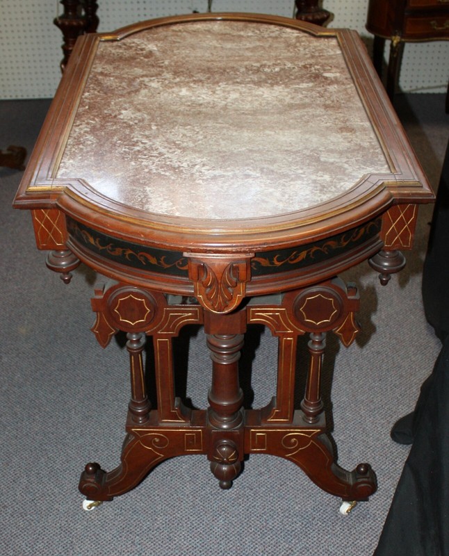 Antique Marble Top Louis XVI Double Sided Parlor Table. Carvings, Finials. 1865 gallery