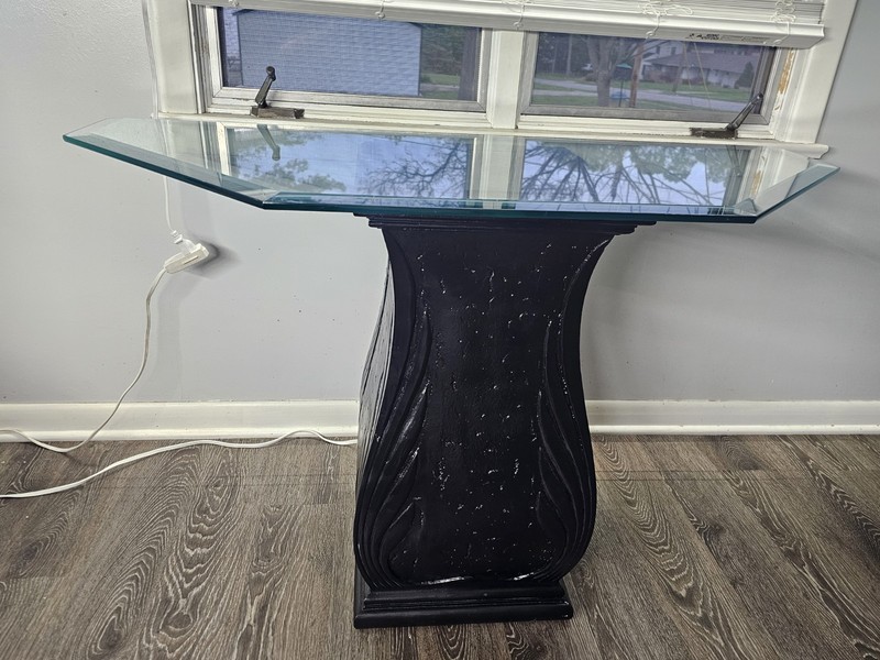 Vintage 1980s Sofa Table Pedestal Side Table Beveled Glass Top Foyer Table Black gallery