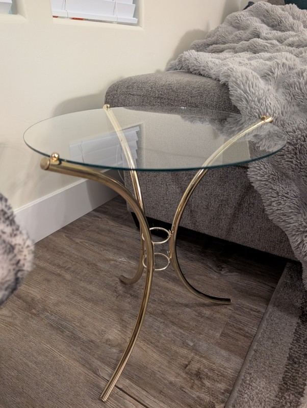 Side Table Gold Glass Top Tripod Metal Frame Mid Century Modern Vintage MCM