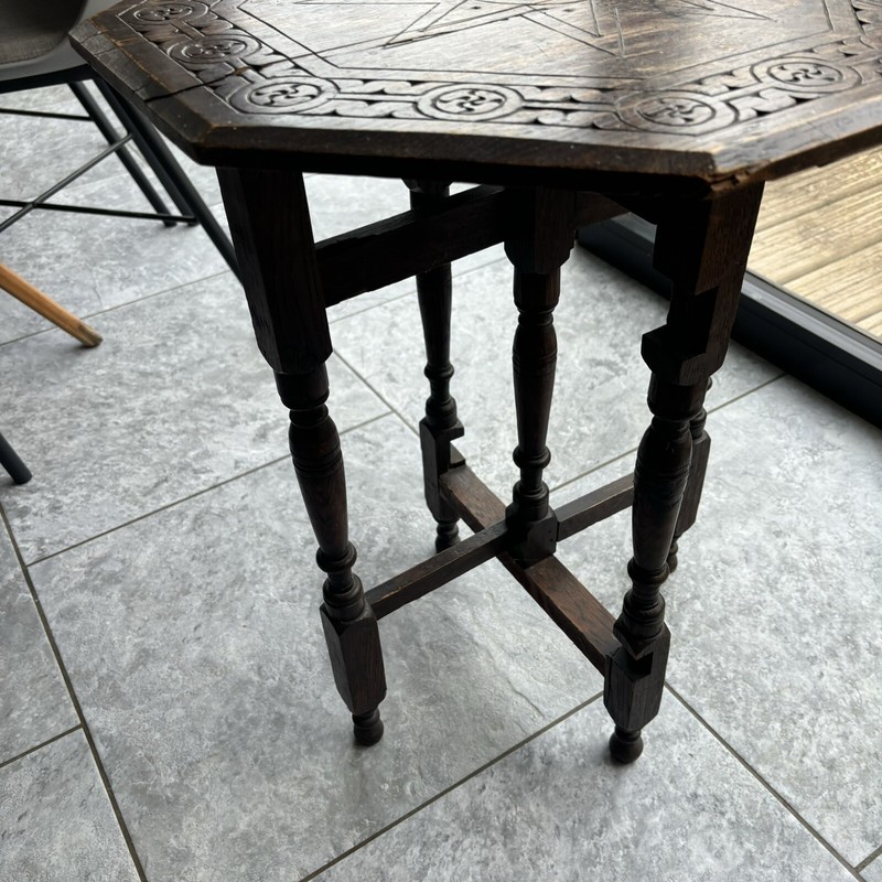 Oak Carved Hexagon Side Table Antique Ornate Foldable Plant Stand gallery