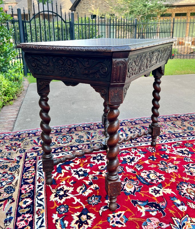 Antique French Parlor Table BARLEY TWIST Renaissance Revival CHERUBS Oak 19thC gallery