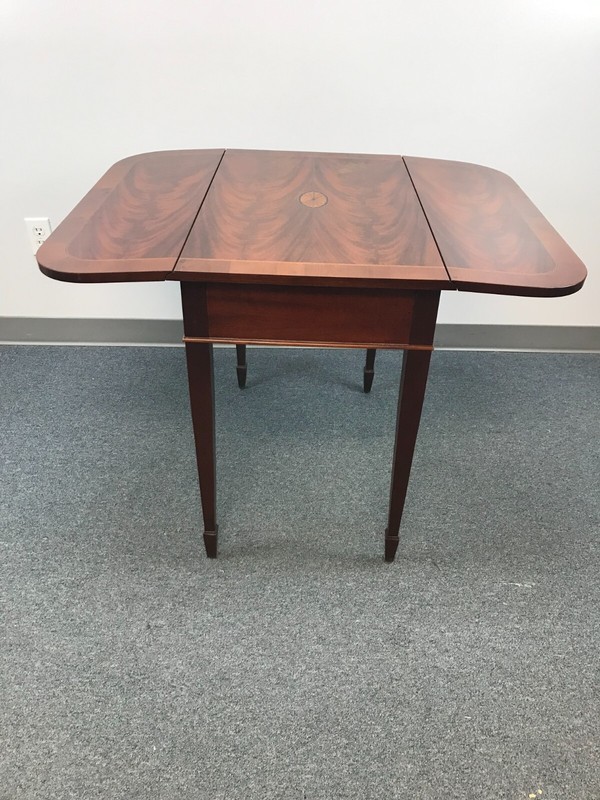 vintage Hekman Mahogany Drop Leaf Inlay Pembroke Side End Table Drawer 27" tall gallery