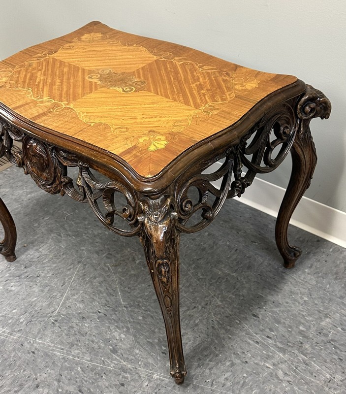 Antique French Figural Carved Walnut Satinwood Marquetry Inlay Low Table C1900 gallery