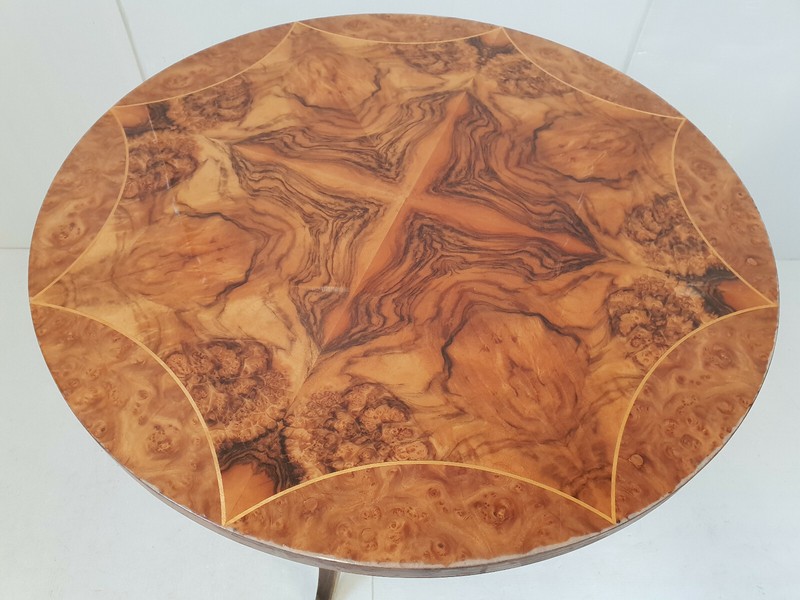 Vintage Side Table Gueridon Walnut Varnish Marquetry 1940s 1950s gallery