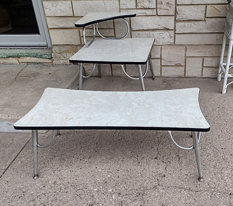 Vintage Atomic MCM Swedish Formica & Chrome Coffee & 2 Tier Step End Table Set gallery