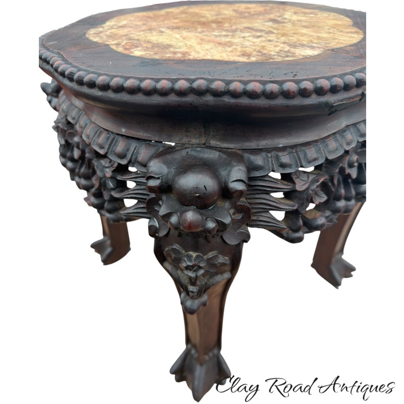 Antique Carved Chinese rosewood marble top parlor table plant stand small rose gallery