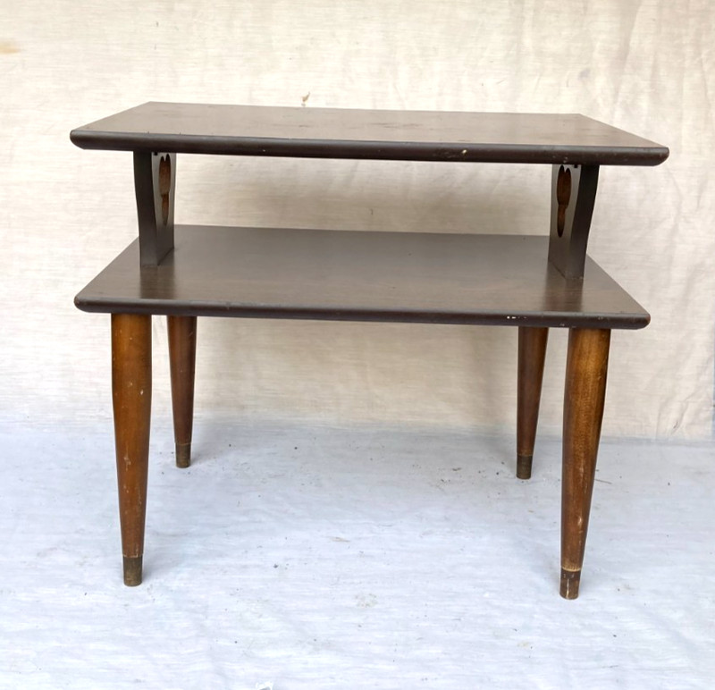 Vintage Retro Mid Century Modern 2-Tier Walnut Wood Formica End Table – Nice!!