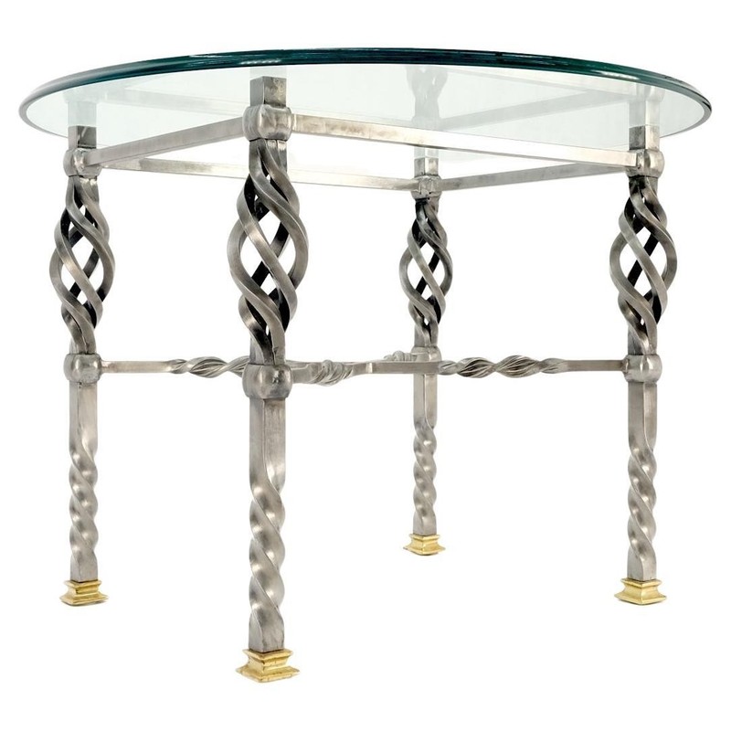 Wrought Iron Art Ornament Brass Tips Feet Oval Glass Top Side End Coffee Table