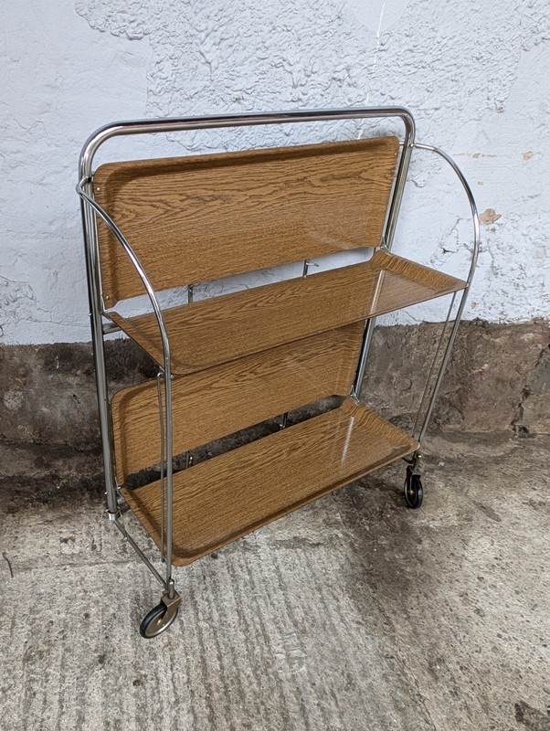 Dinet Serving Cart Tea Cart Table Side Table Bar Chrome 70s Oak 12 gallery