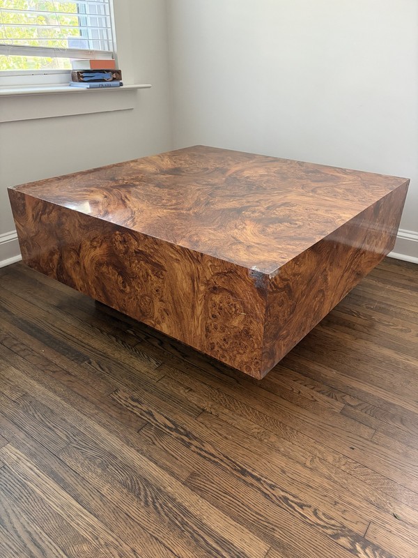 1970s MCM Burl Wood Veneer Square Block Coffee Table Plinth Base Vintage