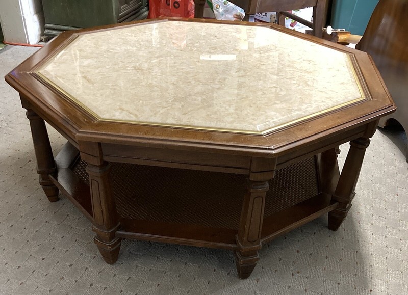 Mid-Century Modern Walnut Octagonal Ceramic Top & Cane Bottom Coffee Table