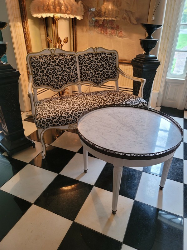 VTG Painted Danby MARBLE TOP Accent Table French LOUIS XVl Style w/Brass Gallery gallery
