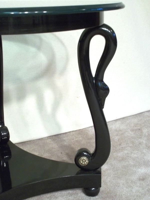 MID CENTURY MODERN CLASSICAL REGENCY BLACK LACQUER SWAN HEAD TABLE gallery