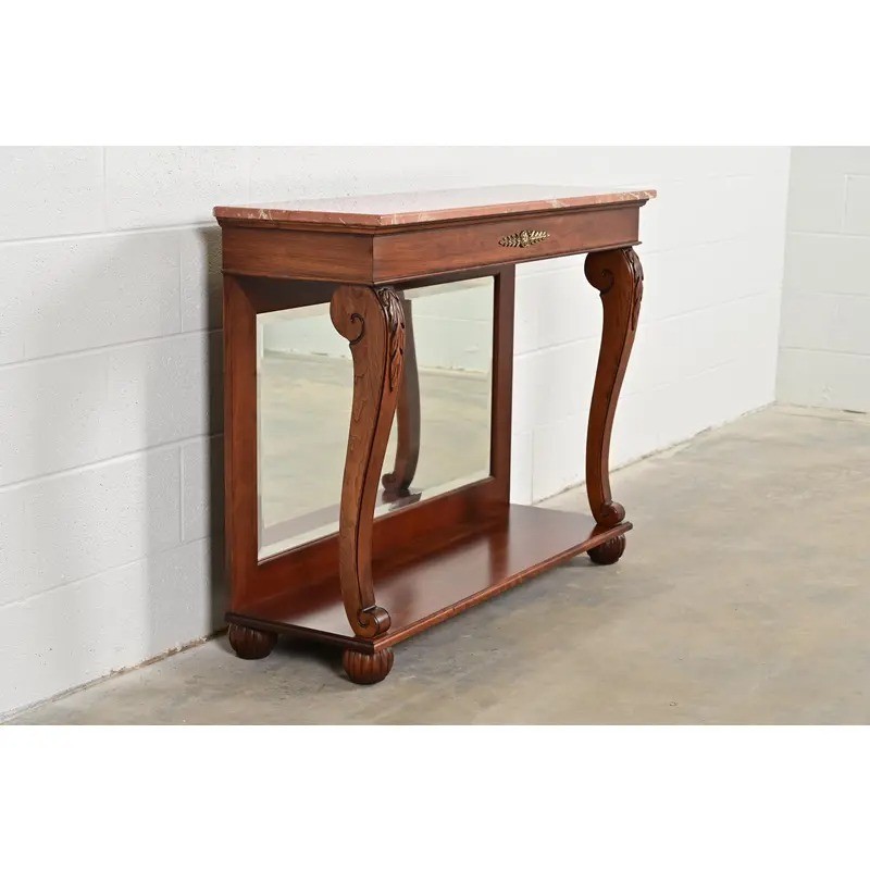 Ethan Allen French Empire Carved Cherry Wood Marble Top Console Table