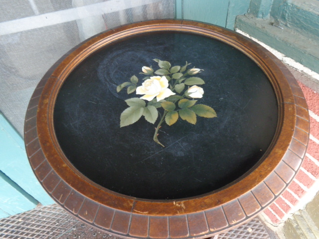 ANTIQUE PIETRA DURA MOSAIC FLORAL ROSE INLAID WOOD PLANT STAND TABLE TWIST LEGS
