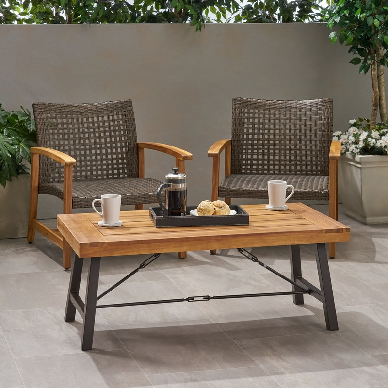 Outdoor Acacia Wood Coffee Table Teak Finish Rustic Metal Brown 27.25*45.75*18" gallery