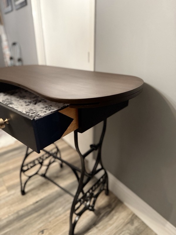 Antique JEWEL Sewing Table Refinished Walnut Top & Cast Iron Base with Drawer gallery