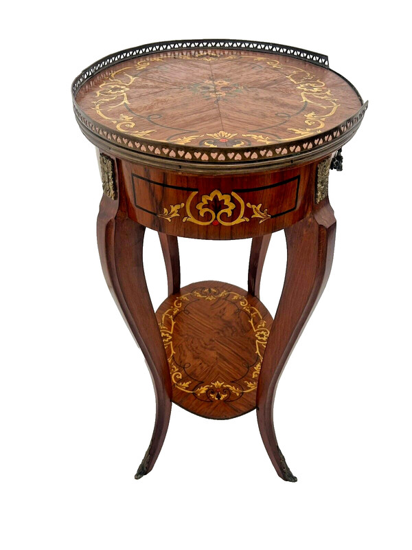 French Oval Table Entry Stand Shelf Drawer Geometric Inlays Hand painted Floral gallery