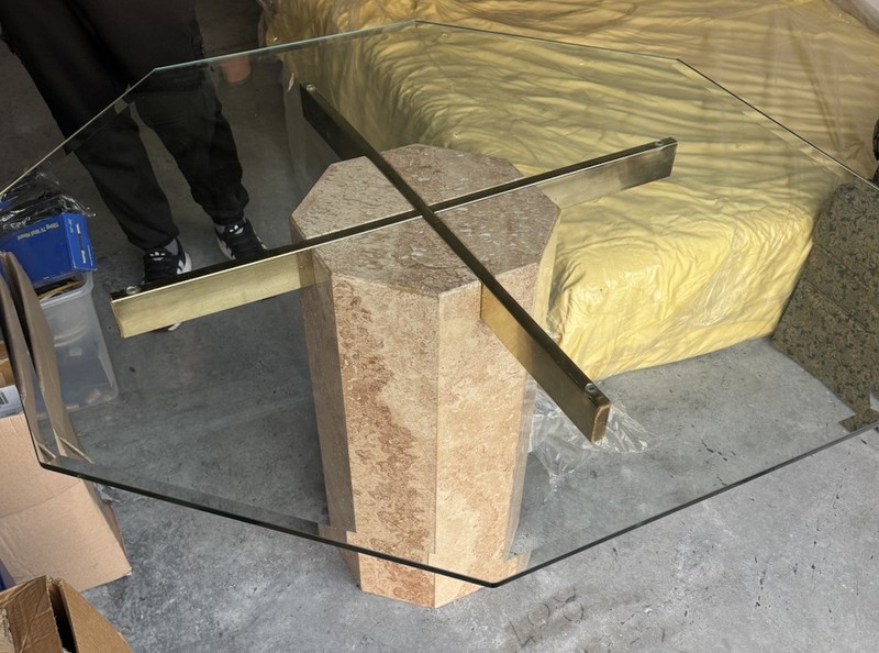 Vintage Mid Century Dining Table Set – Modern Artedi Travertine and Brass