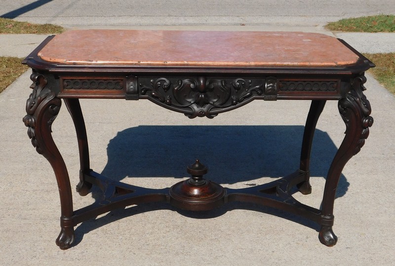 Victorian Rococo Library Table Salmon Colored Marble~~Rosewood gallery
