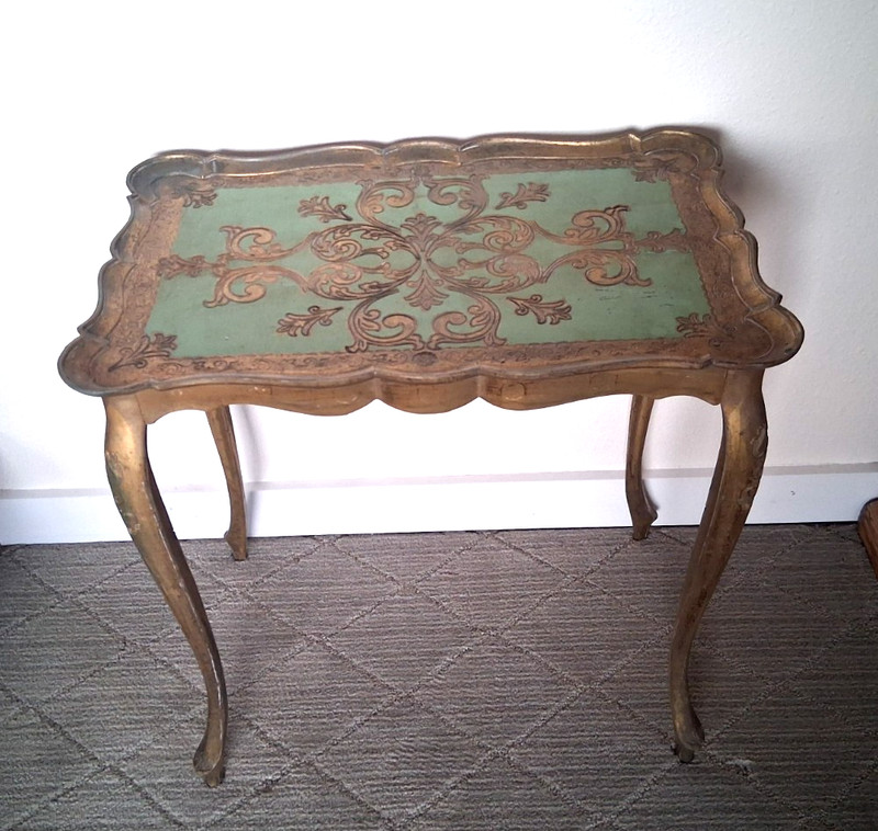 Vintage Italian Florentine Green & Gold Gilt Vintage Nesting Side Table Italy