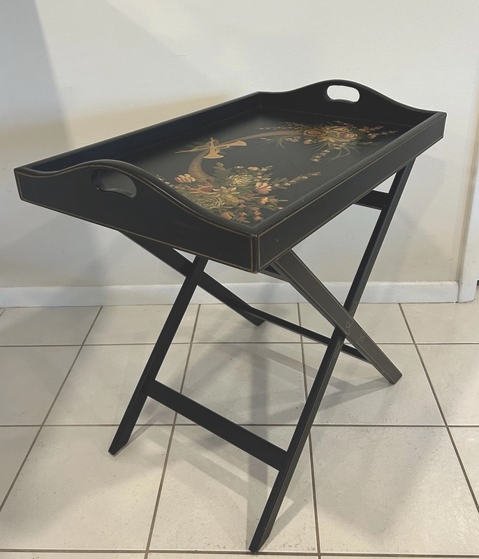 Vintage Butler Tray Coffee Table-Removable Top-Folding Stand-Ebonized And Gilded gallery
