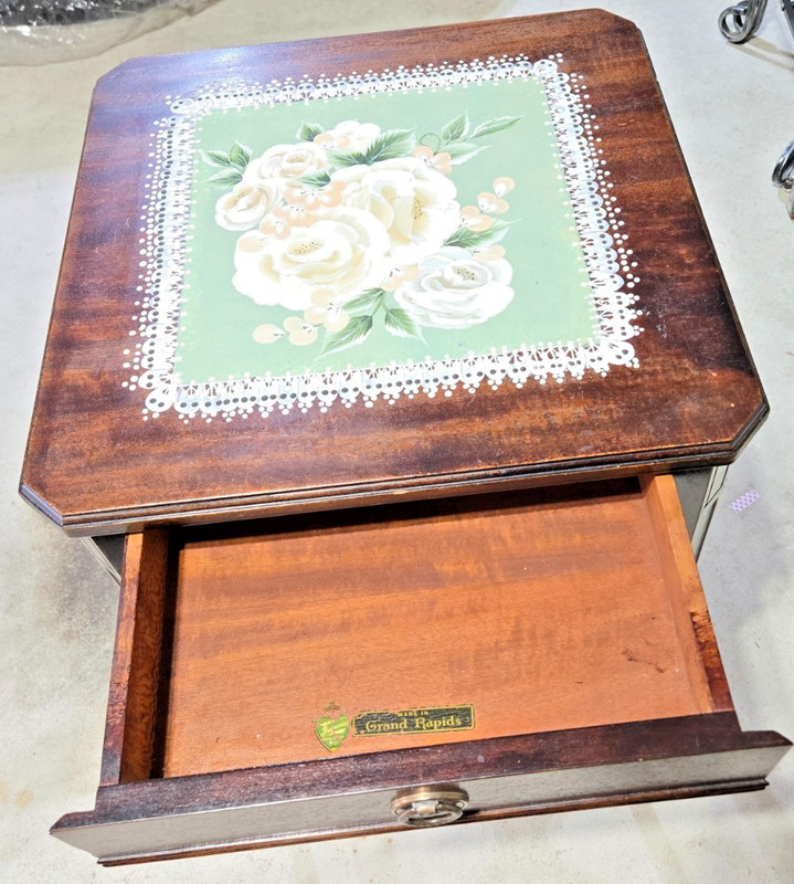 Antique Grand Rapids Imperial Side Table-with drawer- Hand Painted Floral on top gallery