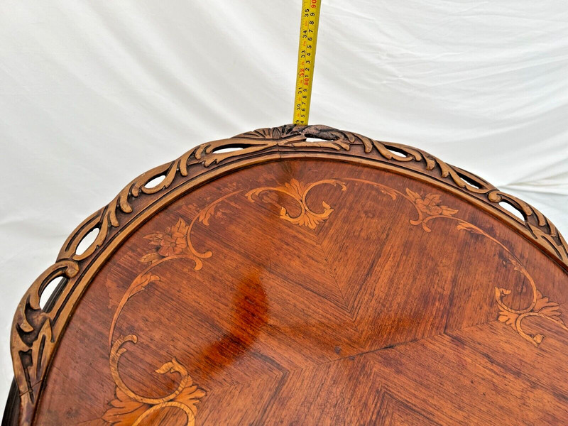 Antique French Table Entry Stand Round Top Floral Hand cut Inlays and fret work gallery