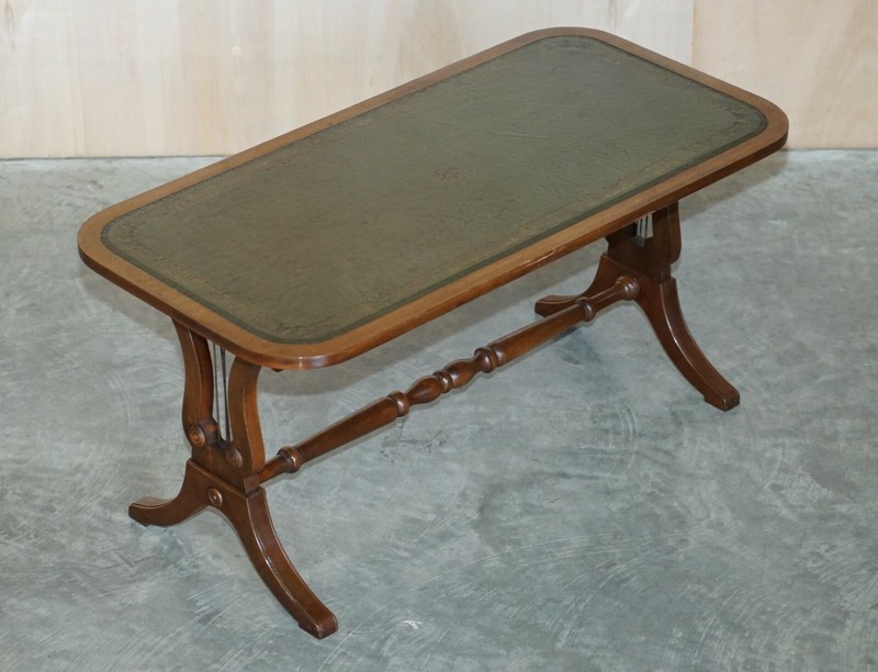 MEDIUM SIZED GREEN LEATHER & MAHOGANY BEVAN FUNNELL COFFEE TABLE NICE PATINA gallery