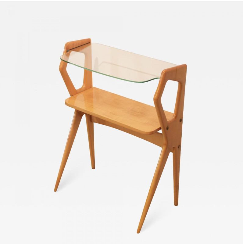 Glass Top Light Wood Tone Small Side Table by Cesare Lacca, Italy, 1955