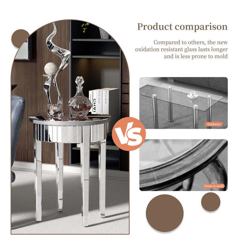 Silver Glass Round Side End Table Mirrored Storage Table Living Room Furniture gallery
