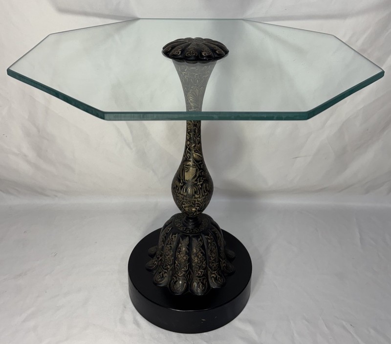 Vintage Mid Century Engraved Etched Blackened Brass Glass Top Side Table INDIA A