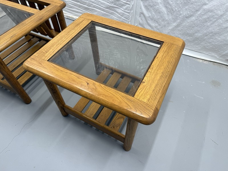 1970's Mersman Solid Oak & Smoked Glass End Tables / Magazine Table Set gallery