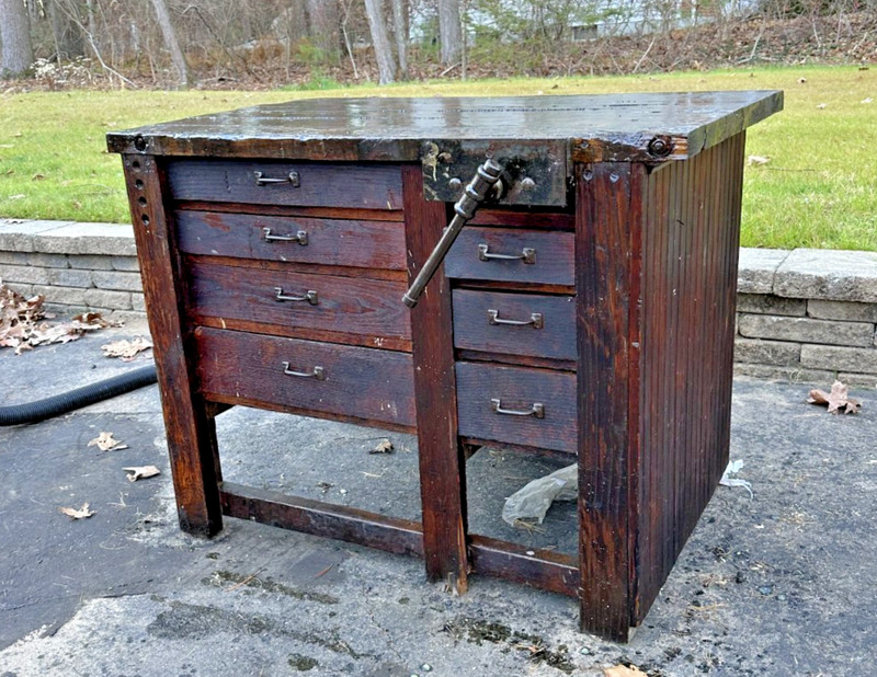 Antique Industrial Carpenter’s Workbench Kitchen Island, solid /drawers