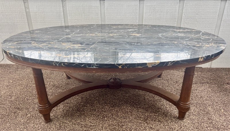Fine Arts Furniture Mid-Century Oval Walnut and Nebel Marble Coffee Table