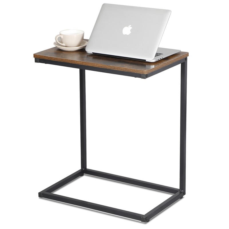 Wood Brown Side Table C-Shaped End Table with Metal Frame for Couch Sofa TV Tray