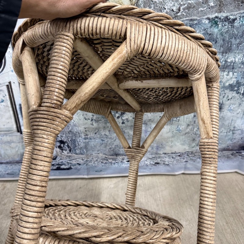 Vintage Woven Rattan Two Tier Glass Top Side Table Boho Coastal Decor gallery