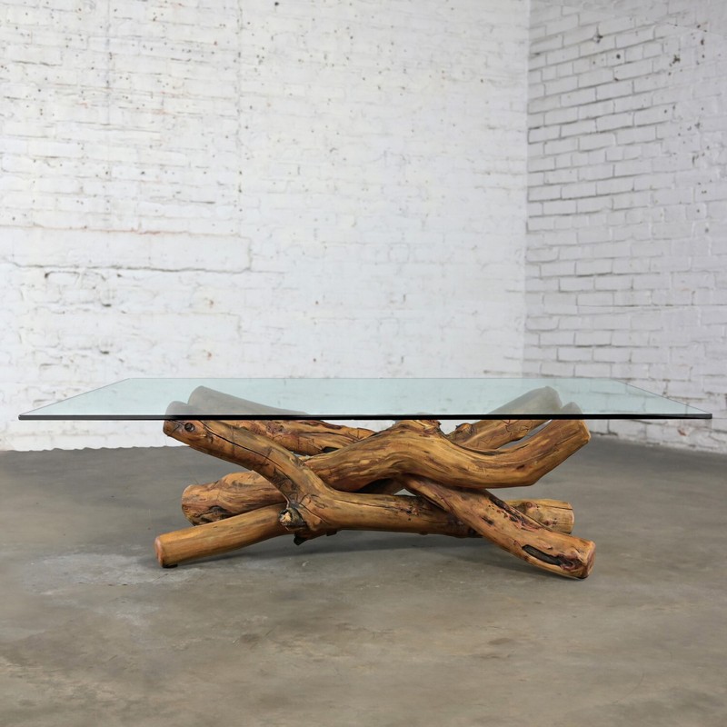 1990’s Coffee Cocktail Table Natural Rustic Twisted Tree Limb Base & Glass Top gallery