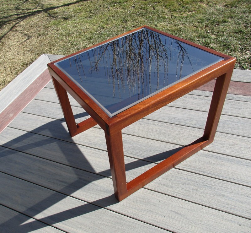 Vintage MCM Wood Frame & Smoked Glass Top Coffee or End Table