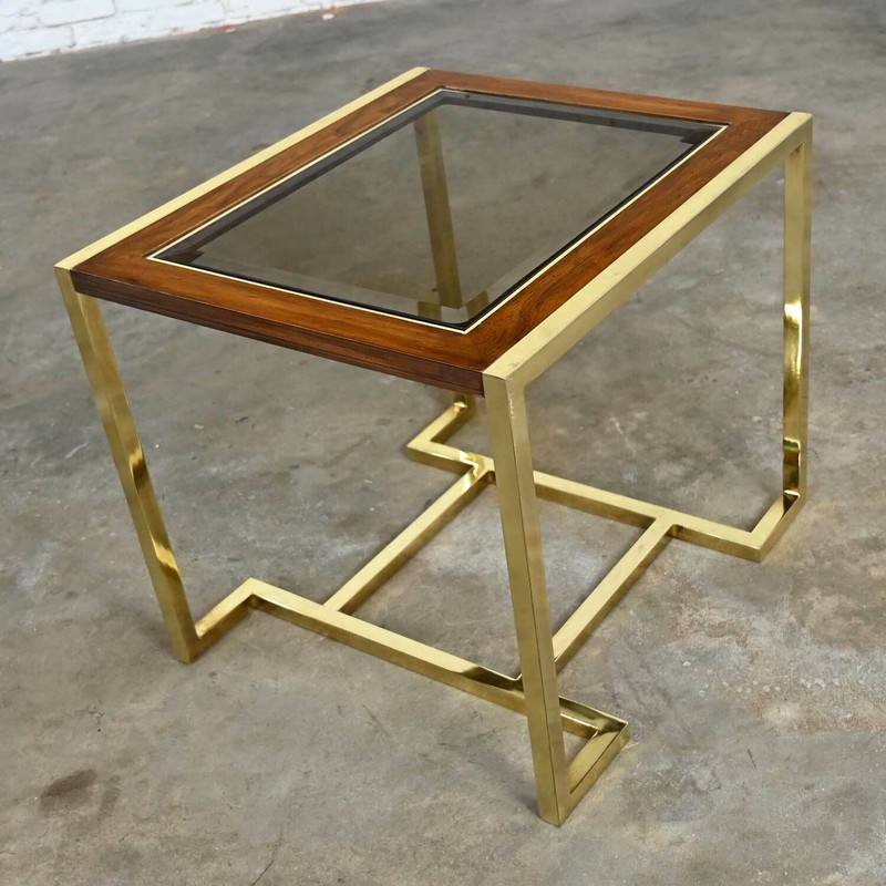 Brass Plated Wood & Glass End Table by Thomasville Furn Style Milo Baughman gallery