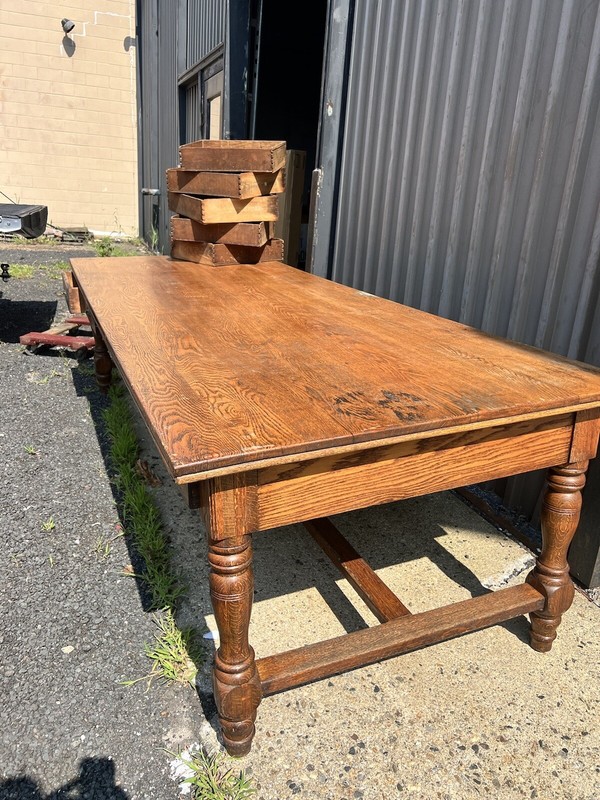 c1900 massive oak Trestle style table great patina 9’/42/30.5” - 10 drawers gallery