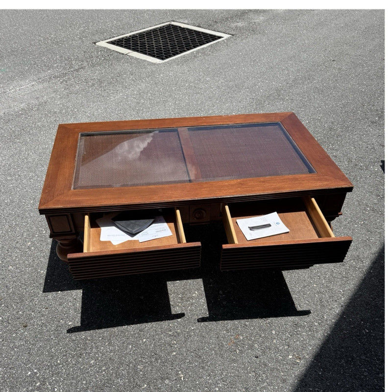 Antique Rectangular Coffee Table Glass Top Wood Brown With 2 Drawers 48x18x20″