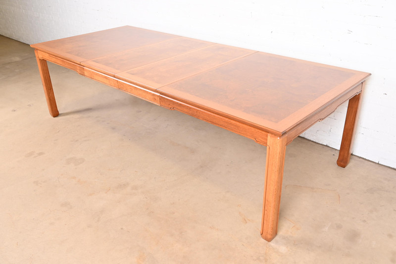 Henredon Mid-Century Burl Wood Extension Dining Table, Newly Refinished