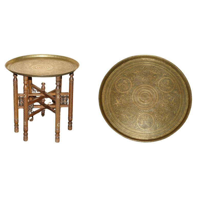 ANTIQUE HAND CARVED LIBERTY’S LONDON MOROCCAN FOLDING TRAY TABLE ZODIAC ETCHINGS