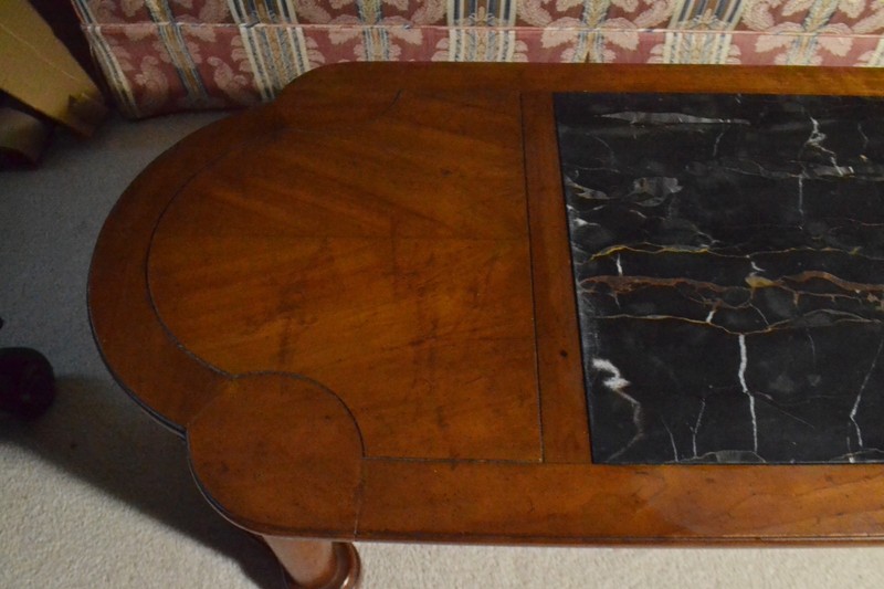 French Louis XV Victorian Style Carved Wood Marble Top Inlay Coffee Table Long gallery